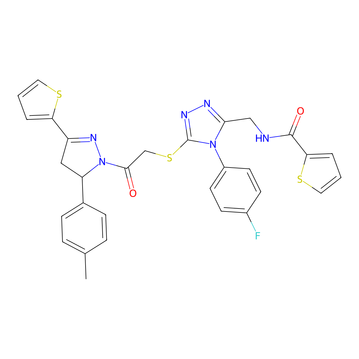 N-[[4-(4-fluorophenyl)-5-[2-[3-(4-methylphenyl)-5-thiophen-2-yl-3,4-dihydropyrazol-2-yl]-2-oxoethyl]sulfanyl-1,2,4-triazol-3-yl]methyl]thiophene-2-carboxamide molecular structure, CAS 362507-82-2