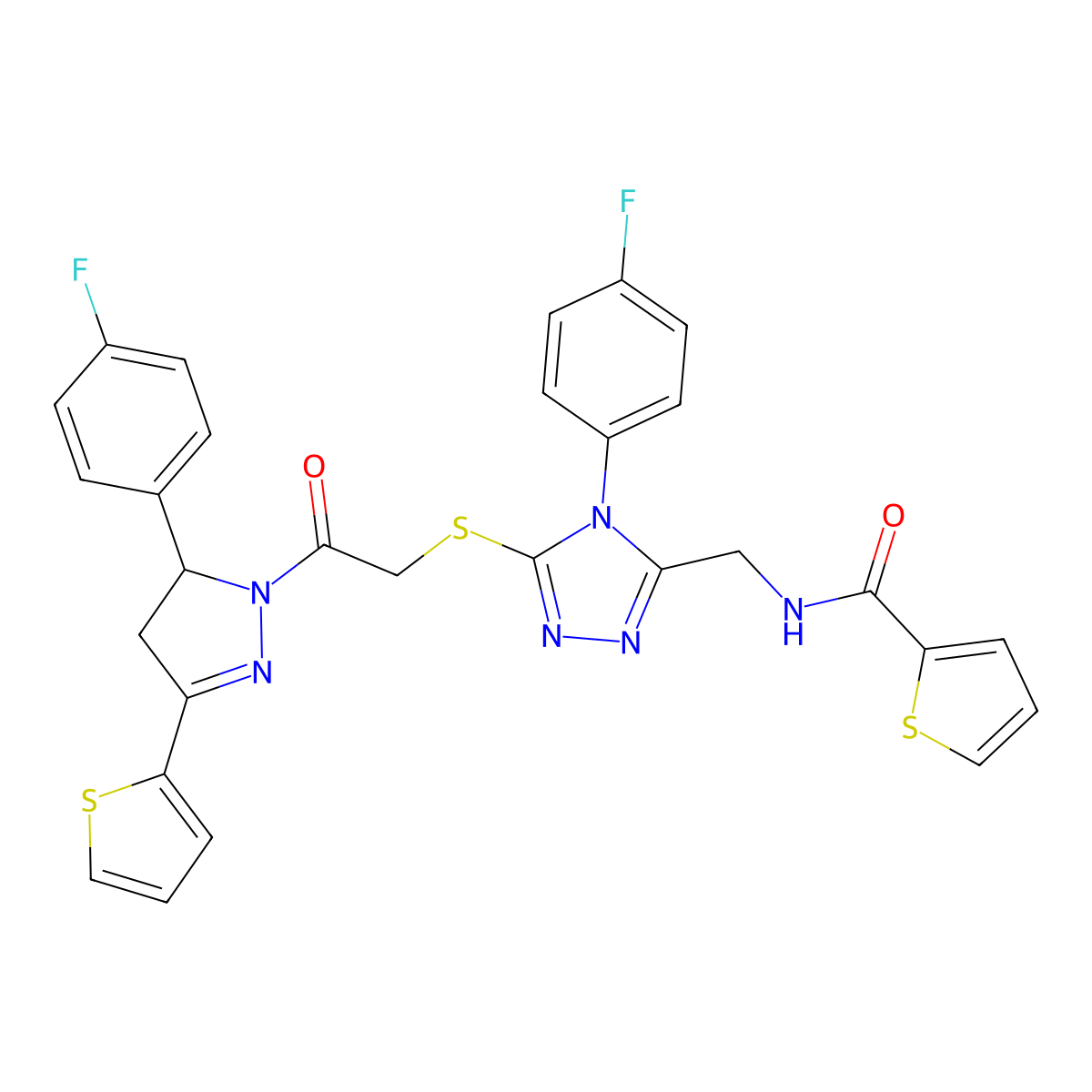N-[[4-(4-fluorophenyl)-5-[2-[3-(4-fluorophenyl)-5-thiophen-2-yl-3,4-dihydropyrazol-2-yl]-2-oxoethyl]sulfanyl-1,2,4-triazol-3-yl]methyl]thiophene-2-carboxamide molecular structure, CAS 362507-86-6