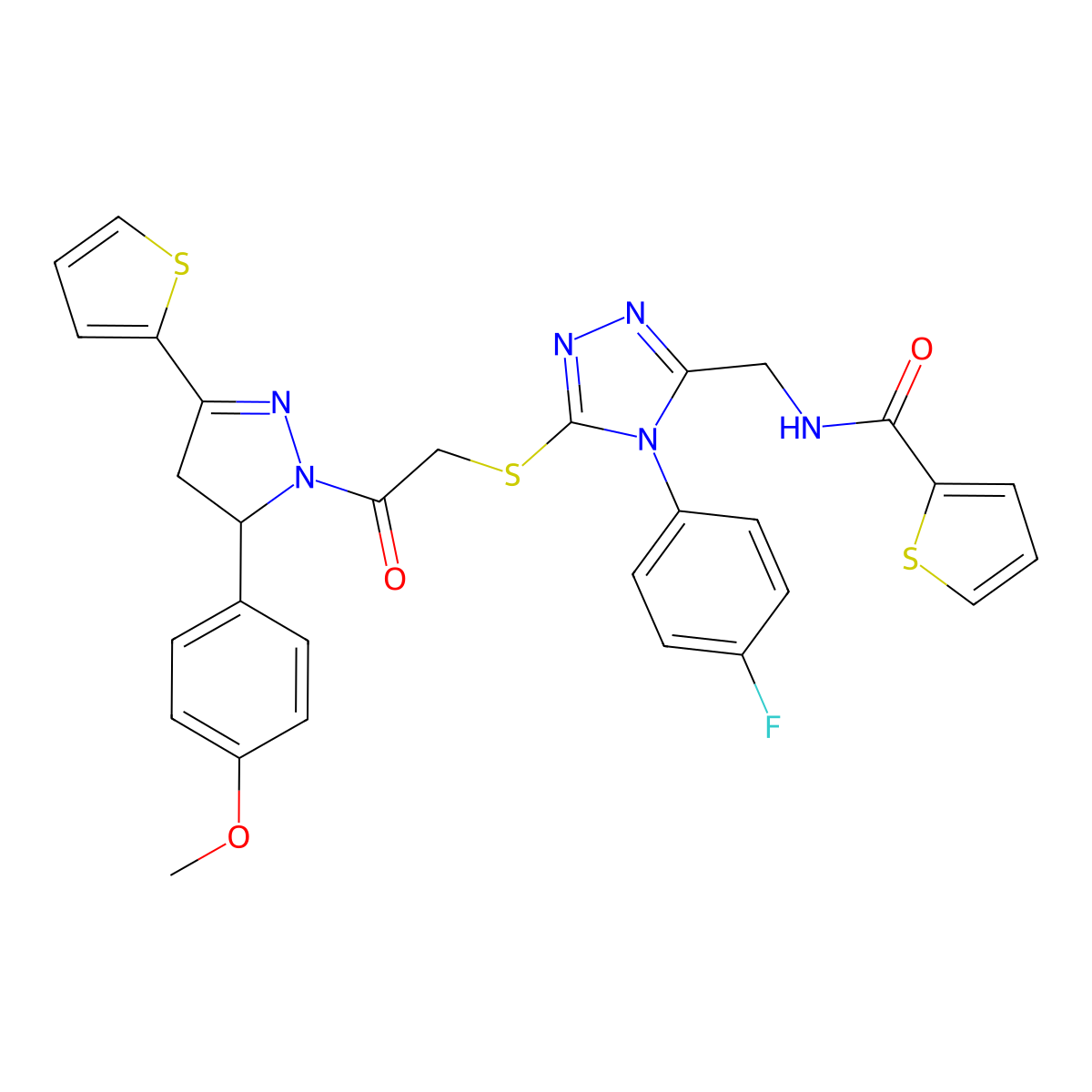 N-[[4-(4-fluorophenyl)-5-[2-[3-(4-methoxyphenyl)-5-thiophen-2-yl-3,4-dihydropyrazol-2-yl]-2-oxoethyl]sulfanyl-1,2,4-triazol-3-yl]methyl]thiophene-2-carboxamide molecular structure, CAS 362507-88-8