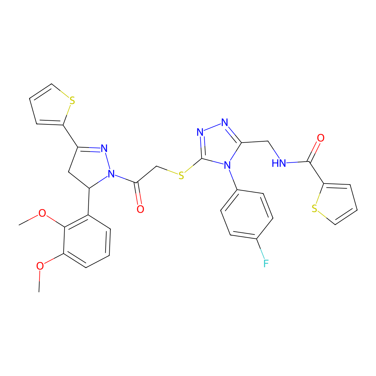 N-[[5-[2-[3-(2,3-dimethoxyphenyl)-5-thiophen-2-yl-3,4-dihydropyrazol-2-yl]-2-oxoethyl]sulfanyl-4-(4-fluorophenyl)-1,2,4-triazol-3-yl]methyl]thiophene-2-carboxamide molecular structure, CAS 362507-96-8