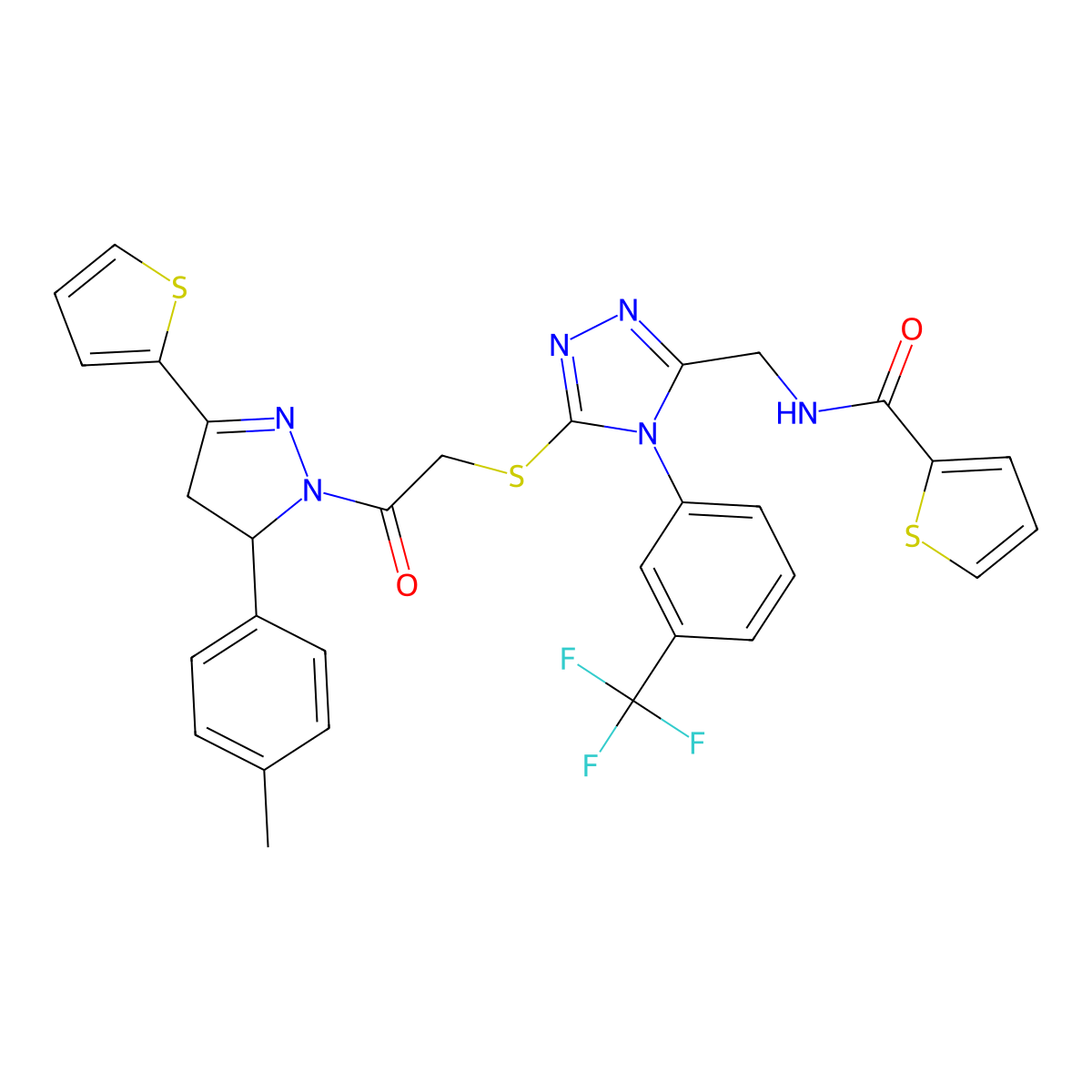 N-((5-((2-oxo-2-(3-(thiophen-2-yl)-5-(p-tolyl)-4,5-dihydro-1H-pyrazol-1-yl)ethyl)thio)-4-(3-(trifluoromethyl)phenyl)-4H-1,2,4-triazol-3-yl)methyl)thiophene-2-carboxamide molecular structure, CAS 362507-99-1