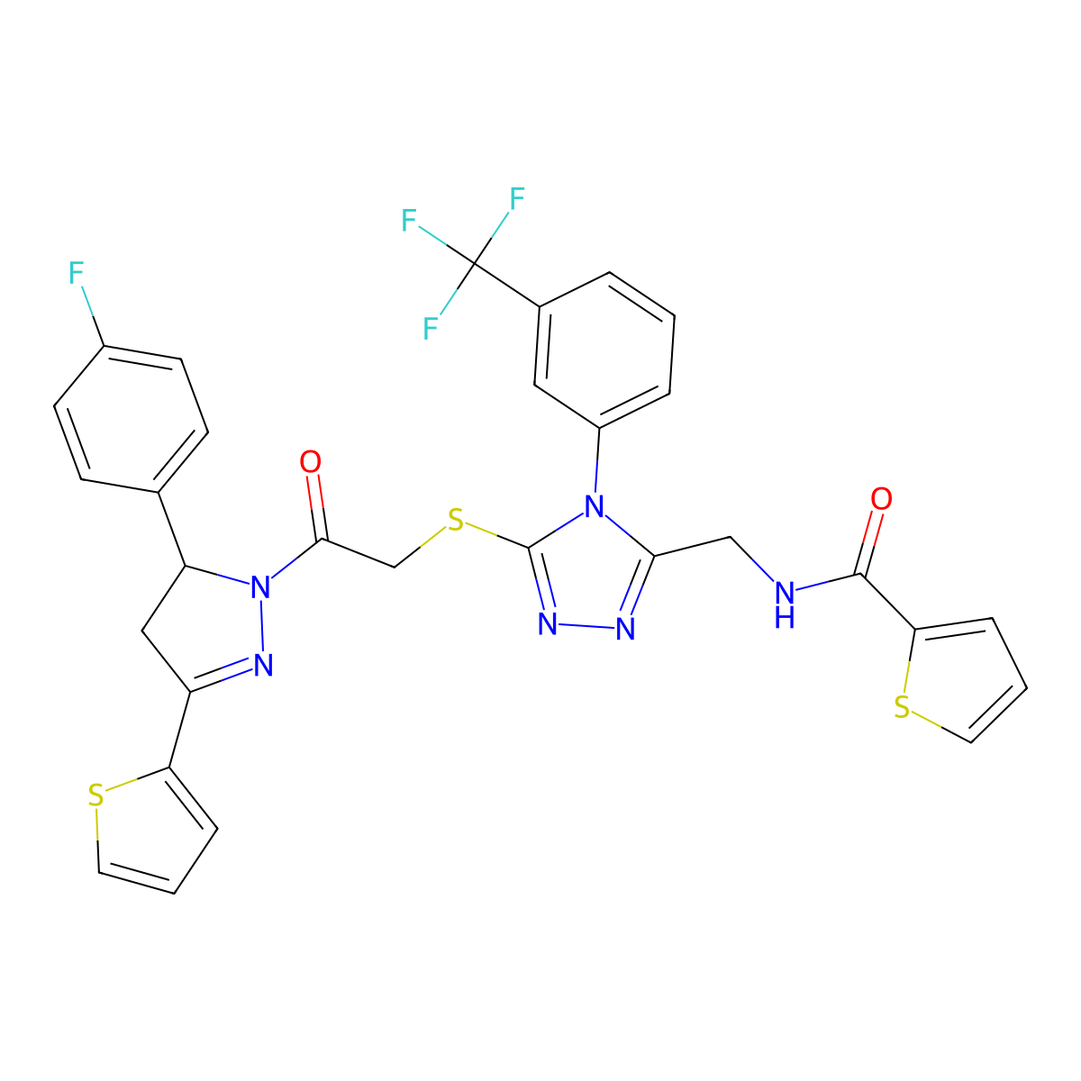 N-((5-((2-(5-(4-fluorophenyl)-3-(thiophen-2-yl)-4,5-dihydro-1H-pyrazol-1-yl)-2-oxoethyl)thio)-4-(3-(trifluoromethyl)phenyl)-4H-1,2,4-triazol-3-yl)methyl)thiophene-2-carboxamide molecular structure, CAS 362508-02-9