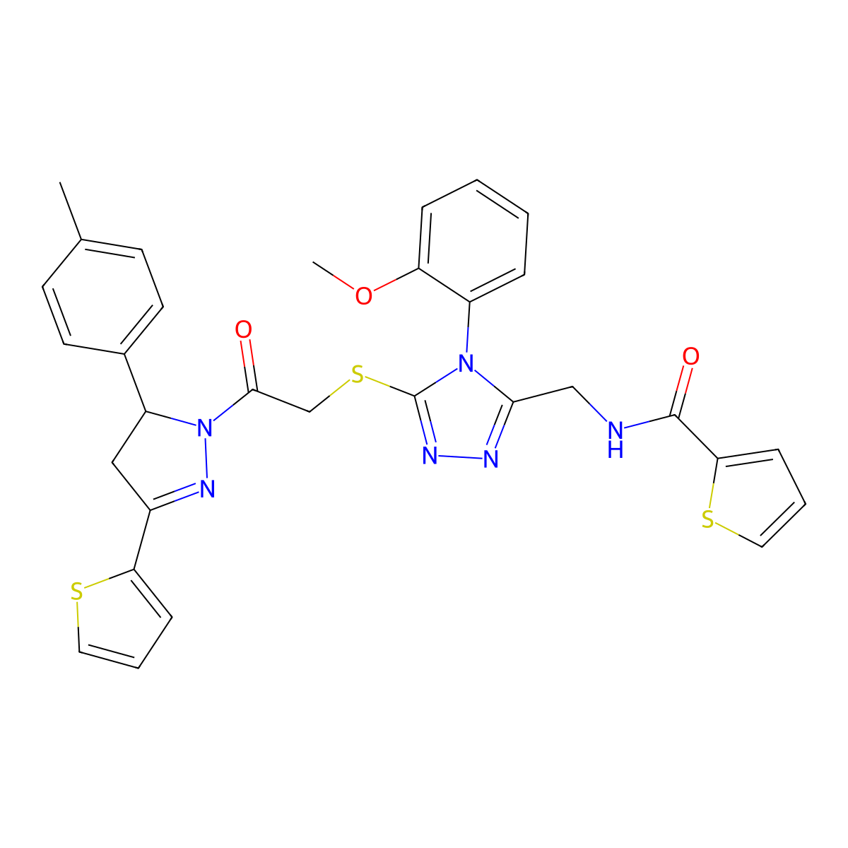 N-[[4-(2-methoxyphenyl)-5-[2-[3-(4-methylphenyl)-5-thiophen-2-yl-3,4-dihydropyrazol-2-yl]-2-oxoethyl]sulfanyl-1,2,4-triazol-3-yl]methyl]thiophene-2-carboxamide molecular structure, CAS 362508-08-5