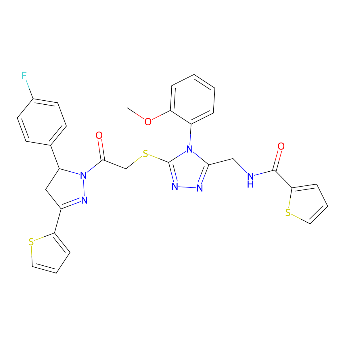 N-((5-((2-(5-(4-fluorophenyl)-3-(thiophen-2-yl)-4,5-dihydro-1H-pyrazol-1-yl)-2-oxoethyl)thio)-4-(2-methoxyphenyl)-4H-1,2,4-triazol-3-yl)methyl)thiophene-2-carboxamide molecular structure, CAS 362508-14-3