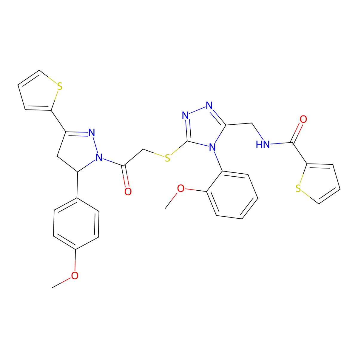 N-((4-(2-methoxyphenyl)-5-((2-(5-(4-methoxyphenyl)-3-(thiophen-2-yl)-4,5-dihydro-1H-pyrazol-1-yl)-2-oxoethyl)thio)-4H-1,2,4-triazol-3-yl)methyl)thiophene-2-carboxamide molecular structure, CAS 362508-17-6