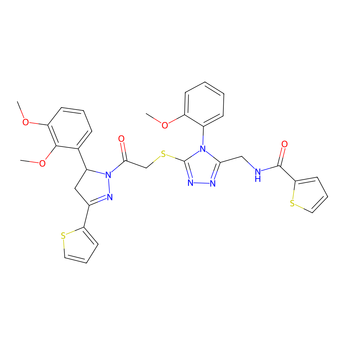 N-[[5-[2-[3-(2,3-dimethoxyphenyl)-5-thiophen-2-yl-3,4-dihydropyrazol-2-yl]-2-oxoethyl]sulfanyl-4-(2-methoxyphenyl)-1,2,4-triazol-3-yl]methyl]thiophene-2-carboxamide molecular structure, CAS 362508-25-6