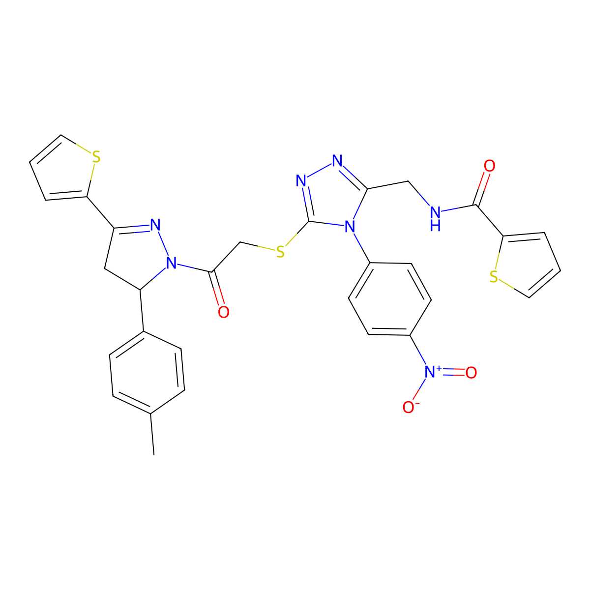 N-((4-(4-nitrophenyl)-5-((2-oxo-2-(3-(thiophen-2-yl)-5-(p-tolyl)-4,5-dihydro-1H-pyrazol-1-yl)ethyl)thio)-4H-1,2,4-triazol-3-yl)methyl)thiophene-2-carboxamide molecular structure, CAS 362508-28-9