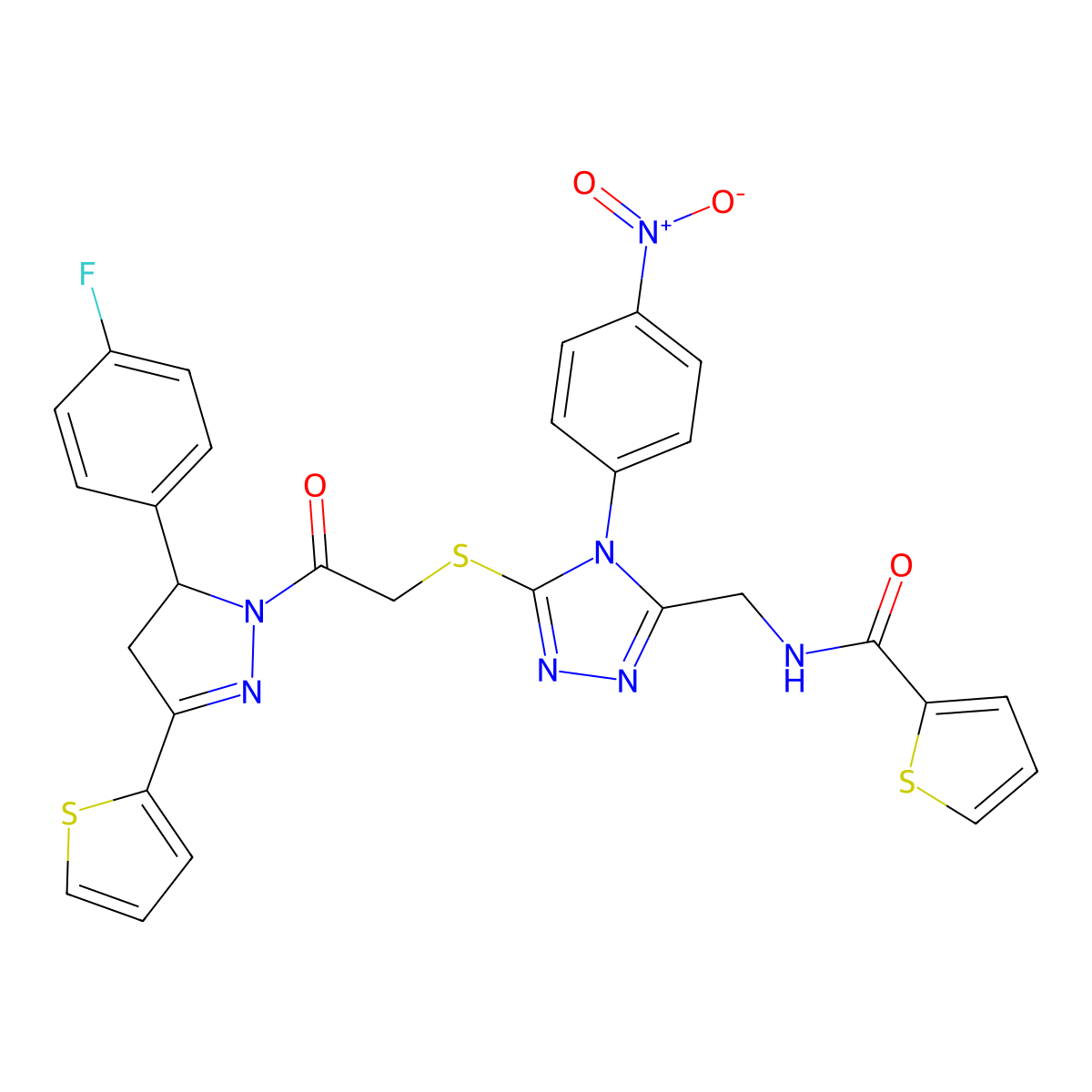 N-((5-((2-(5-(4-fluorophenyl)-3-(thiophen-2-yl)-4,5-dihydro-1H-pyrazol-1-yl)-2-oxoethyl)thio)-4-(4-nitrophenyl)-4H-1,2,4-triazol-3-yl)methyl)thiophene-2-carboxamide molecular structure, CAS 362508-31-4
