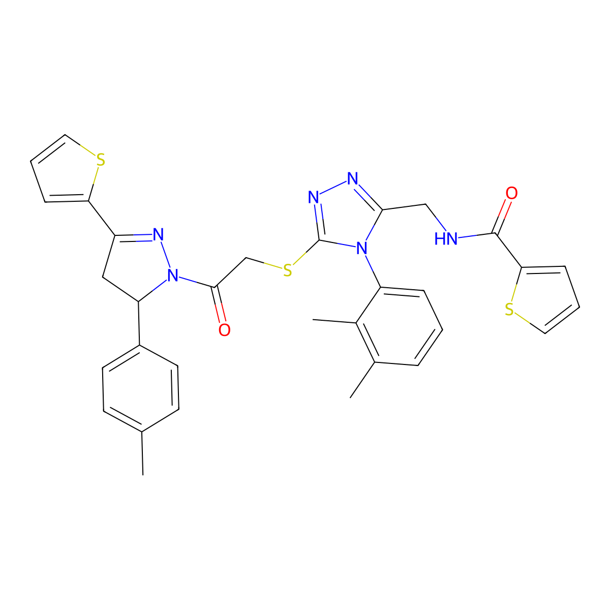 N-[[4-(2,3-dimethylphenyl)-5-[2-[3-(4-methylphenyl)-5-thiophen-2-yl-3,4-dihydropyrazol-2-yl]-2-oxoethyl]sulfanyl-1,2,4-triazol-3-yl]methyl]thiophene-2-carboxamide molecular structure, CAS 362508-35-8