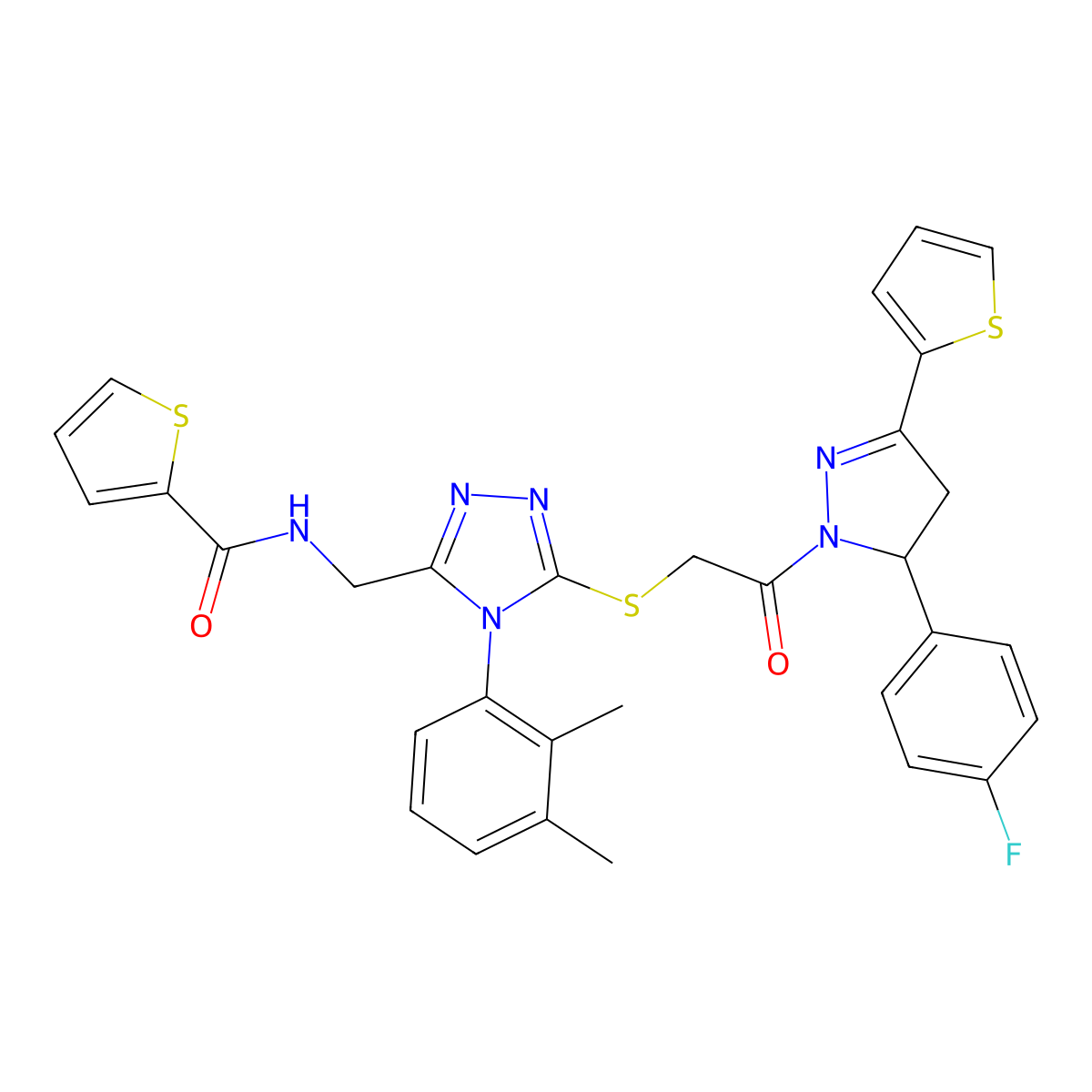 N-((4-(2,3-dimethylphenyl)-5-((2-(5-(4-fluorophenyl)-3-(thiophen-2-yl)-4,5-dihydro-1H-pyrazol-1-yl)-2-oxoethyl)thio)-4H-1,2,4-triazol-3-yl)methyl)thiophene-2-carboxamide molecular structure, CAS 362508-38-1