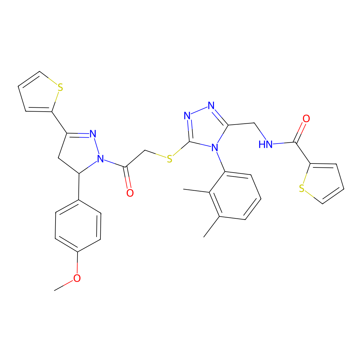 N-[[4-(2,3-dimethylphenyl)-5-[2-[3-(4-methoxyphenyl)-5-thiophen-2-yl-3,4-dihydropyrazol-2-yl]-2-oxoethyl]sulfanyl-1,2,4-triazol-3-yl]methyl]thiophene-2-carboxamide molecular structure, CAS 362508-41-6