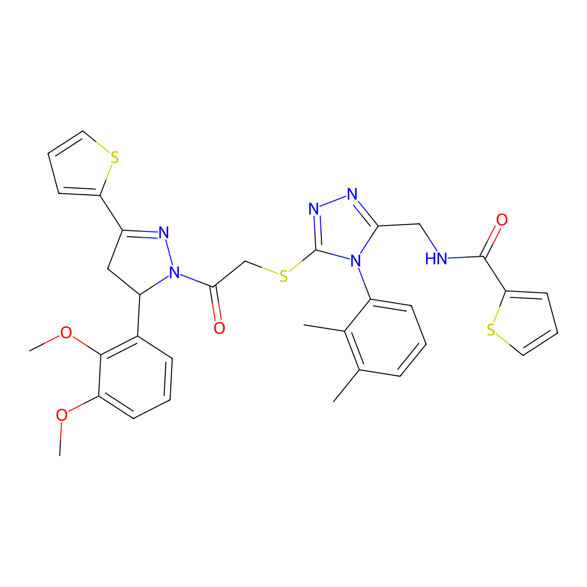 N-((5-((2-(5-(2,3-dimethoxyphenyl)-3-(thiophen-2-yl)-4,5-dihydro-1H-pyrazol-1-yl)-2-oxoethyl)thio)-4-(2,3-dimethylphenyl)-4H-1,2,4-triazol-3-yl)methyl)thiophene-2-carboxamide molecular structure, CAS 362508-47-2