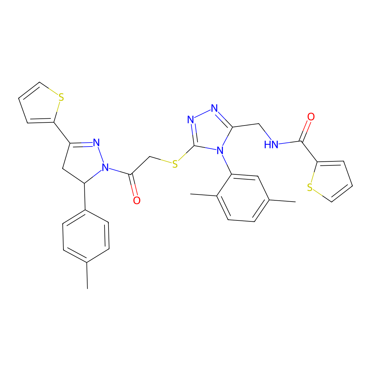 N-[[4-(2,5-dimethylphenyl)-5-[2-[3-(4-methylphenyl)-5-thiophen-2-yl-3,4-dihydropyrazol-2-yl]-2-oxoethyl]sulfanyl-1,2,4-triazol-3-yl]methyl]thiophene-2-carboxamide molecular structure, CAS 362508-50-7