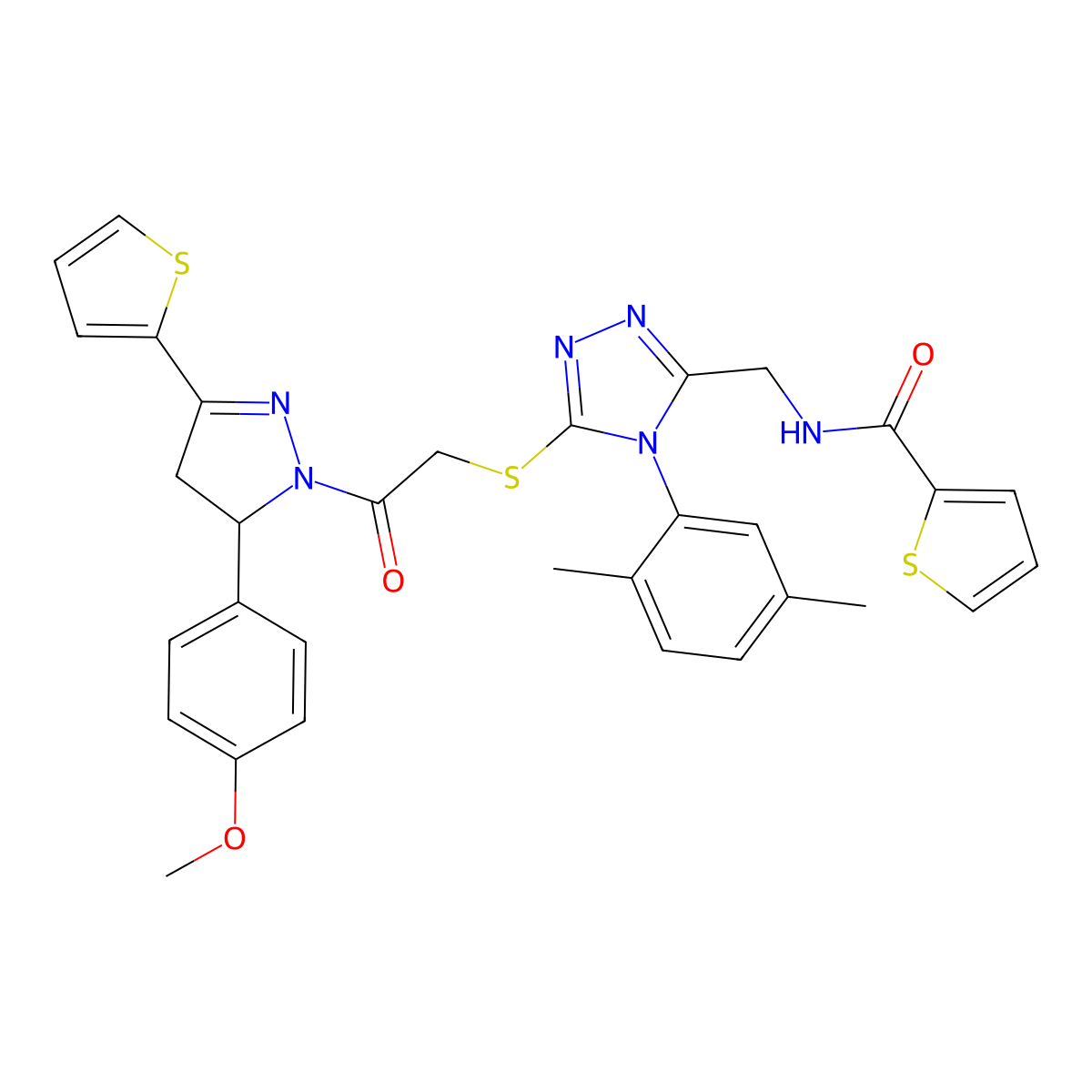 N-((4-(2,5-dimethylphenyl)-5-((2-(5-(4-methoxyphenyl)-3-(thiophen-2-yl)-4,5-dihydro-1H-pyrazol-1-yl)-2-oxoethyl)thio)-4H-1,2,4-triazol-3-yl)methyl)thiophene-2-carboxamide molecular structure, CAS 362508-56-3
