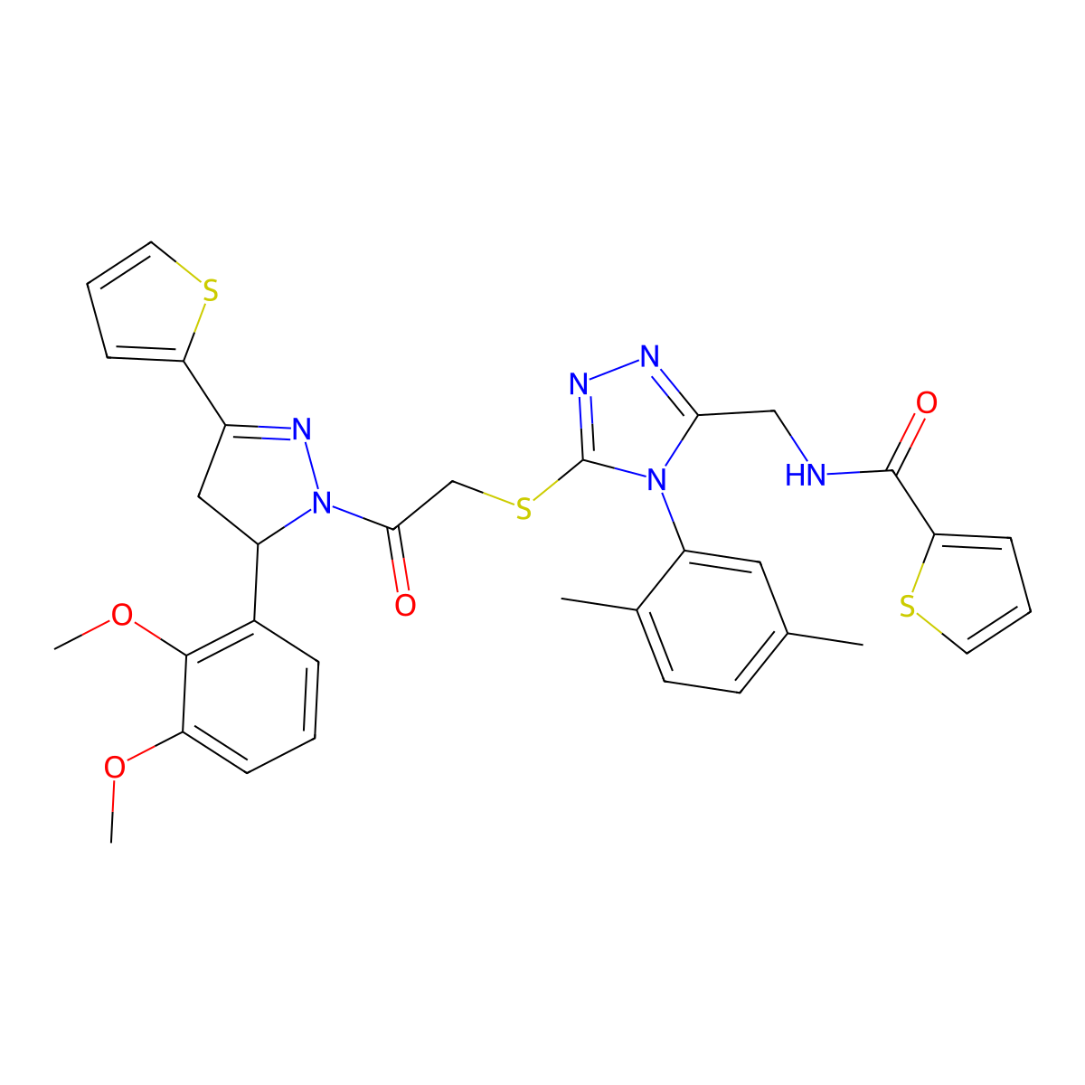 N-((5-((2-(5-(2,3-dimethoxyphenyl)-3-(thiophen-2-yl)-4,5-dihydro-1H-pyrazol-1-yl)-2-oxoethyl)thio)-4-(2,5-dimethylphenyl)-4H-1,2,4-triazol-3-yl)methyl)thiophene-2-carboxamide molecular structure, CAS 362508-65-4