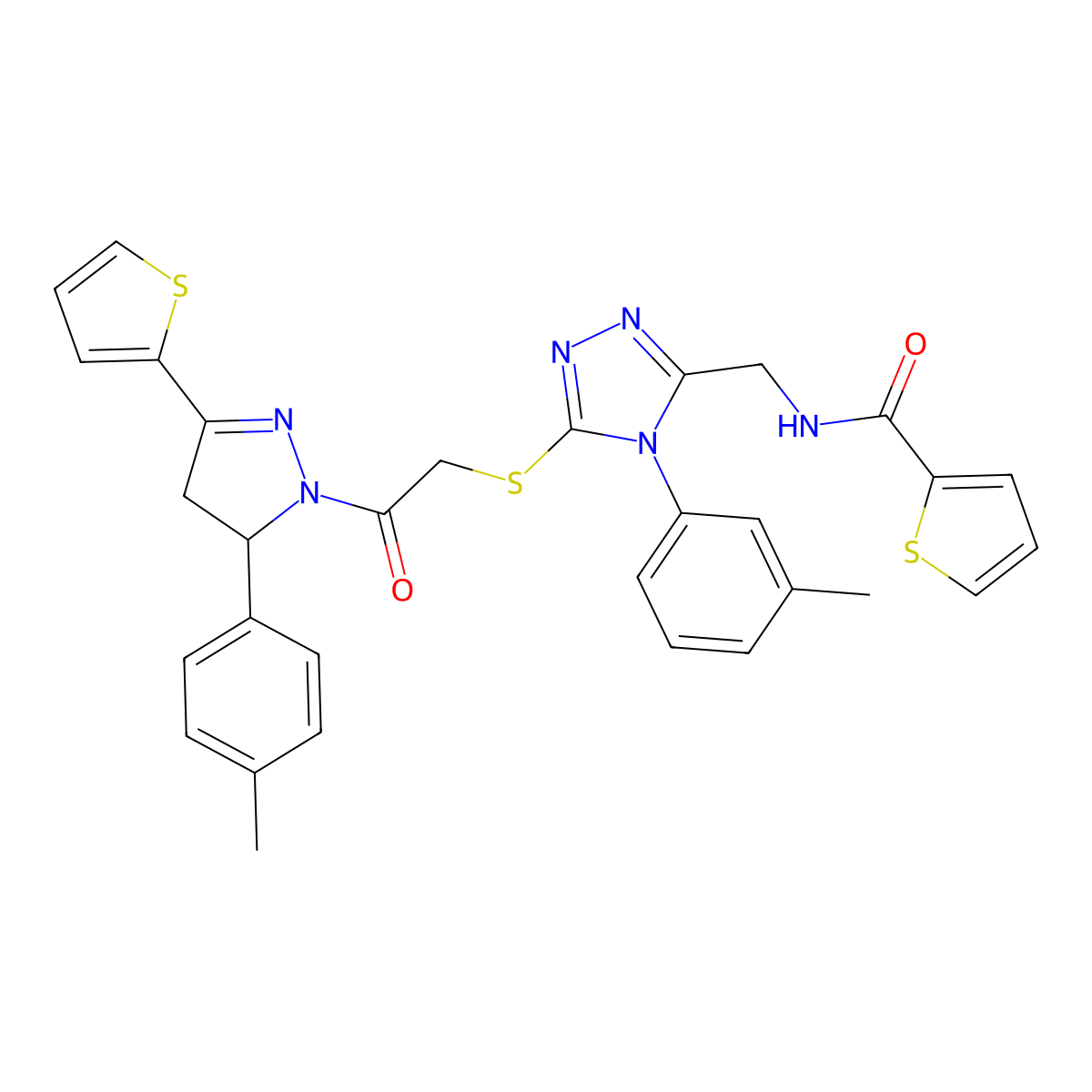 N-((5-((2-oxo-2-(3-(thiophen-2-yl)-5-(p-tolyl)-4,5-dihydro-1H-pyrazol-1-yl)ethyl)thio)-4-(m-tolyl)-4H-1,2,4-triazol-3-yl)methyl)thiophene-2-carboxamide molecular structure, CAS 362508-71-2