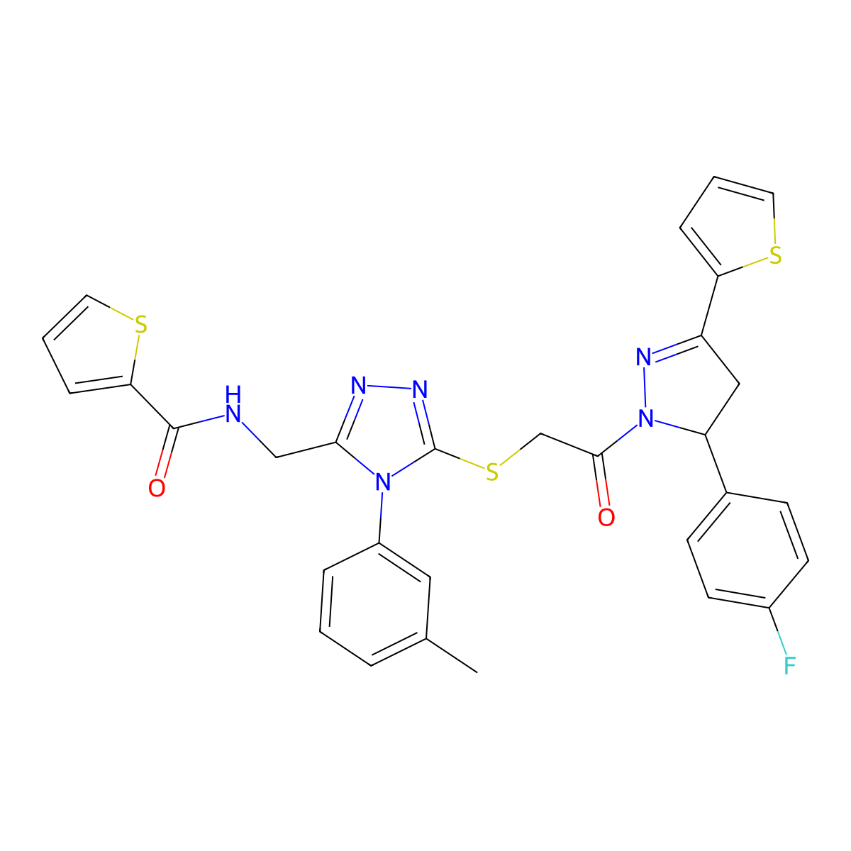 N-((5-((2-(5-(4-fluorophenyl)-3-(thiophen-2-yl)-4,5-dihydro-1H-pyrazol-1-yl)-2-oxoethyl)thio)-4-(m-tolyl)-4H-1,2,4-triazol-3-yl)methyl)thiophene-2-carboxamide molecular structure, CAS 362508-77-8