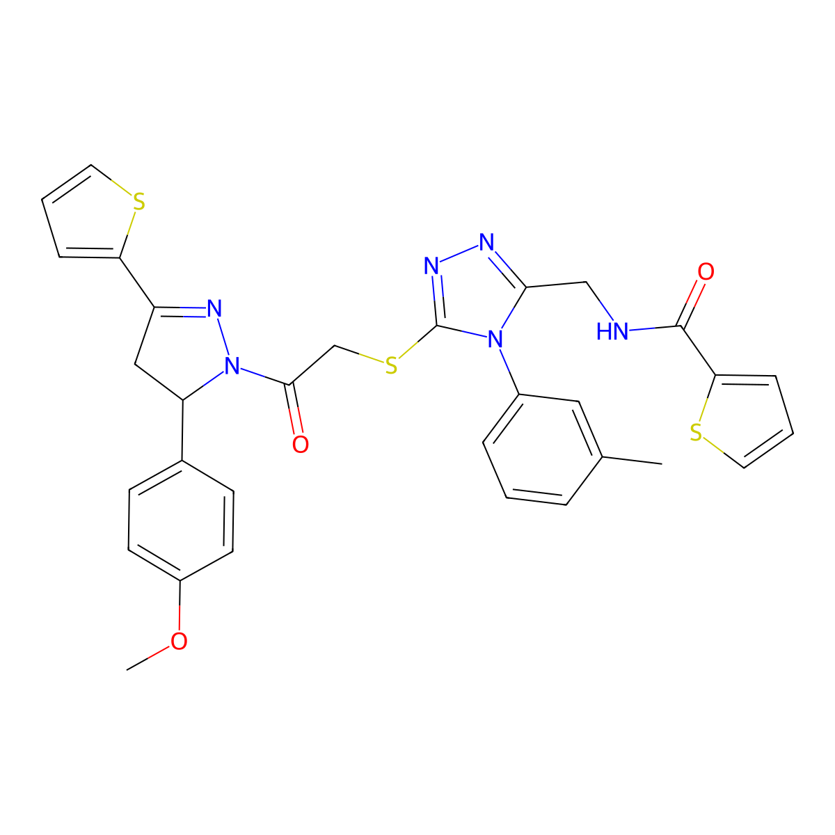 N-[[5-[2-[3-(4-methoxyphenyl)-5-thiophen-2-yl-3,4-dihydropyrazol-2-yl]-2-oxoethyl]sulfanyl-4-(3-methylphenyl)-1,2,4-triazol-3-yl]methyl]thiophene-2-carboxamide molecular structure, CAS 362508-80-3