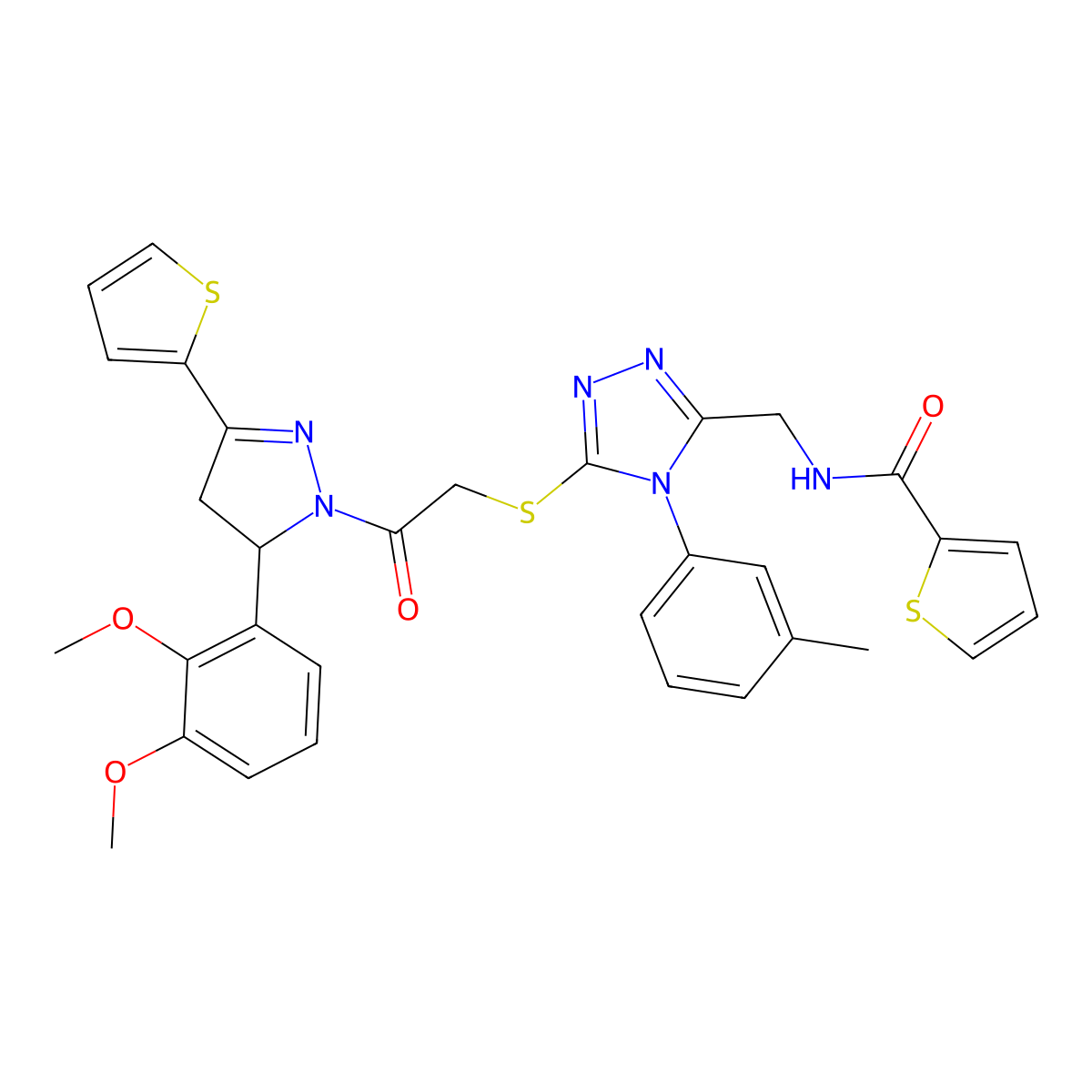N-((5-((2-(5-(2,3-dimethoxyphenyl)-3-(thiophen-2-yl)-4,5-dihydro-1H-pyrazol-1-yl)-2-oxoethyl)thio)-4-(m-tolyl)-4H-1,2,4-triazol-3-yl)methyl)thiophene-2-carboxamide molecular structure, CAS 362508-89-2