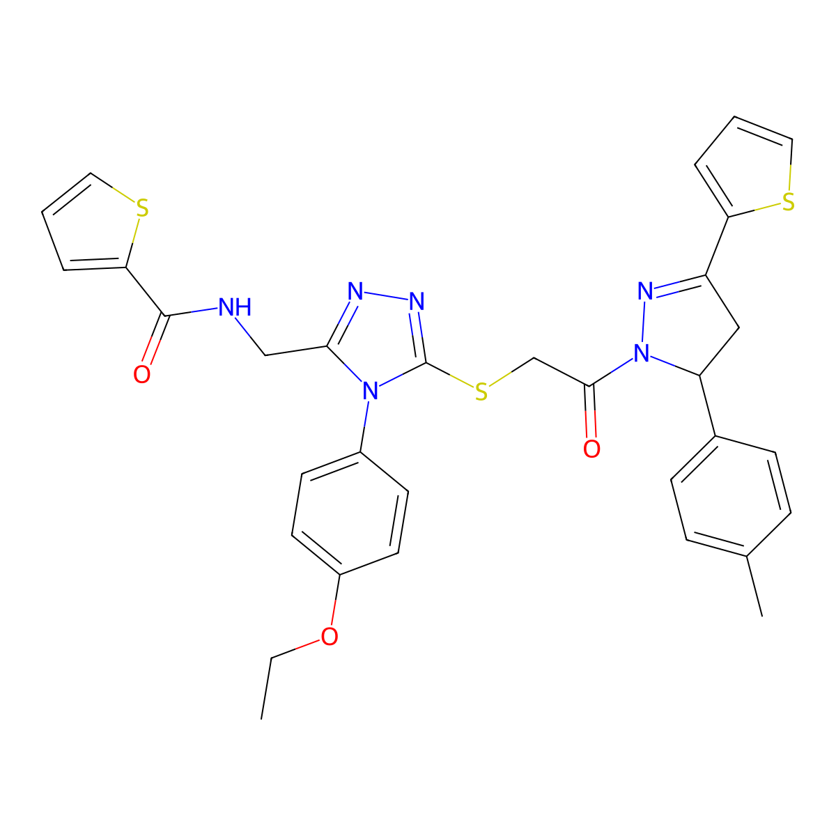 N-((4-(4-ethoxyphenyl)-5-((2-oxo-2-(3-(thiophen-2-yl)-5-(p-tolyl)-4,5-dihydro-1H-pyrazol-1-yl)ethyl)thio)-4H-1,2,4-triazol-3-yl)methyl)thiophene-2-carboxamide molecular structure, CAS 362508-92-7