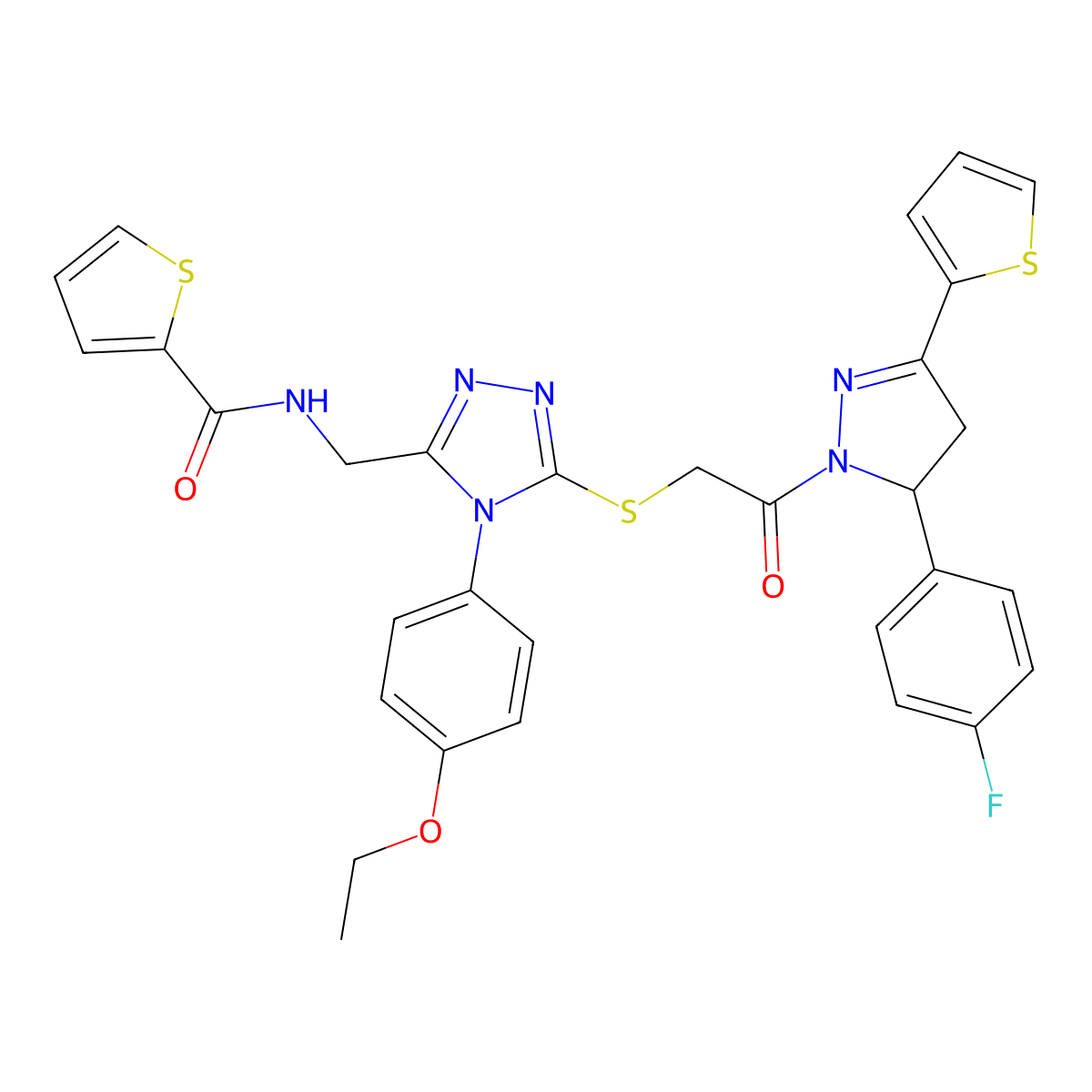 N-[[4-(4-ethoxyphenyl)-5-[2-[3-(4-fluorophenyl)-5-thiophen-2-yl-3,4-dihydropyrazol-2-yl]-2-oxoethyl]sulfanyl-1,2,4-triazol-3-yl]methyl]thiophene-2-carboxamide molecular structure, CAS 362508-98-3