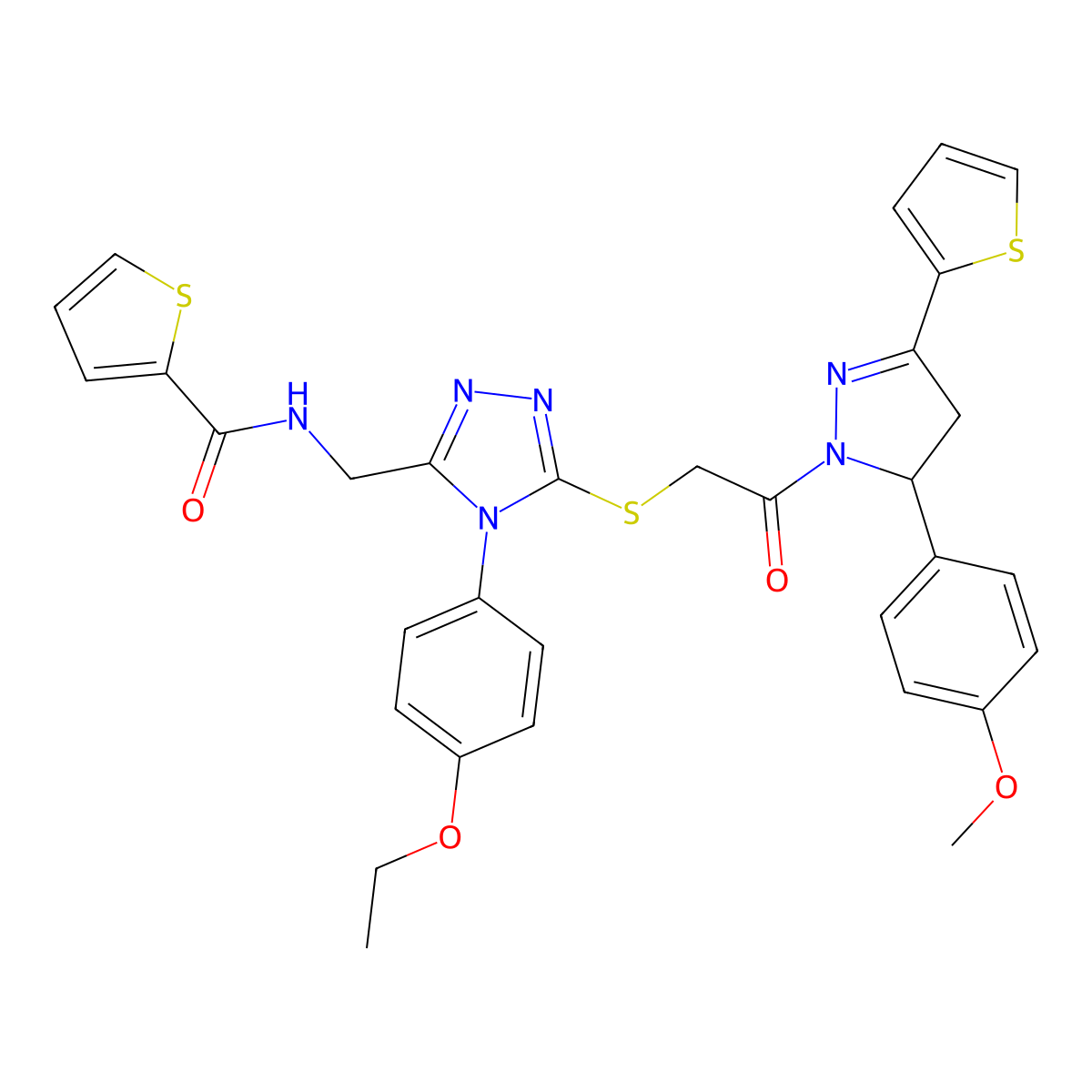 N-[[4-(4-ethoxyphenyl)-5-[2-[3-(4-methoxyphenyl)-5-thiophen-2-yl-3,4-dihydropyrazol-2-yl]-2-oxoethyl]sulfanyl-1,2,4-triazol-3-yl]methyl]thiophene-2-carboxamide molecular structure, CAS 362509-01-1