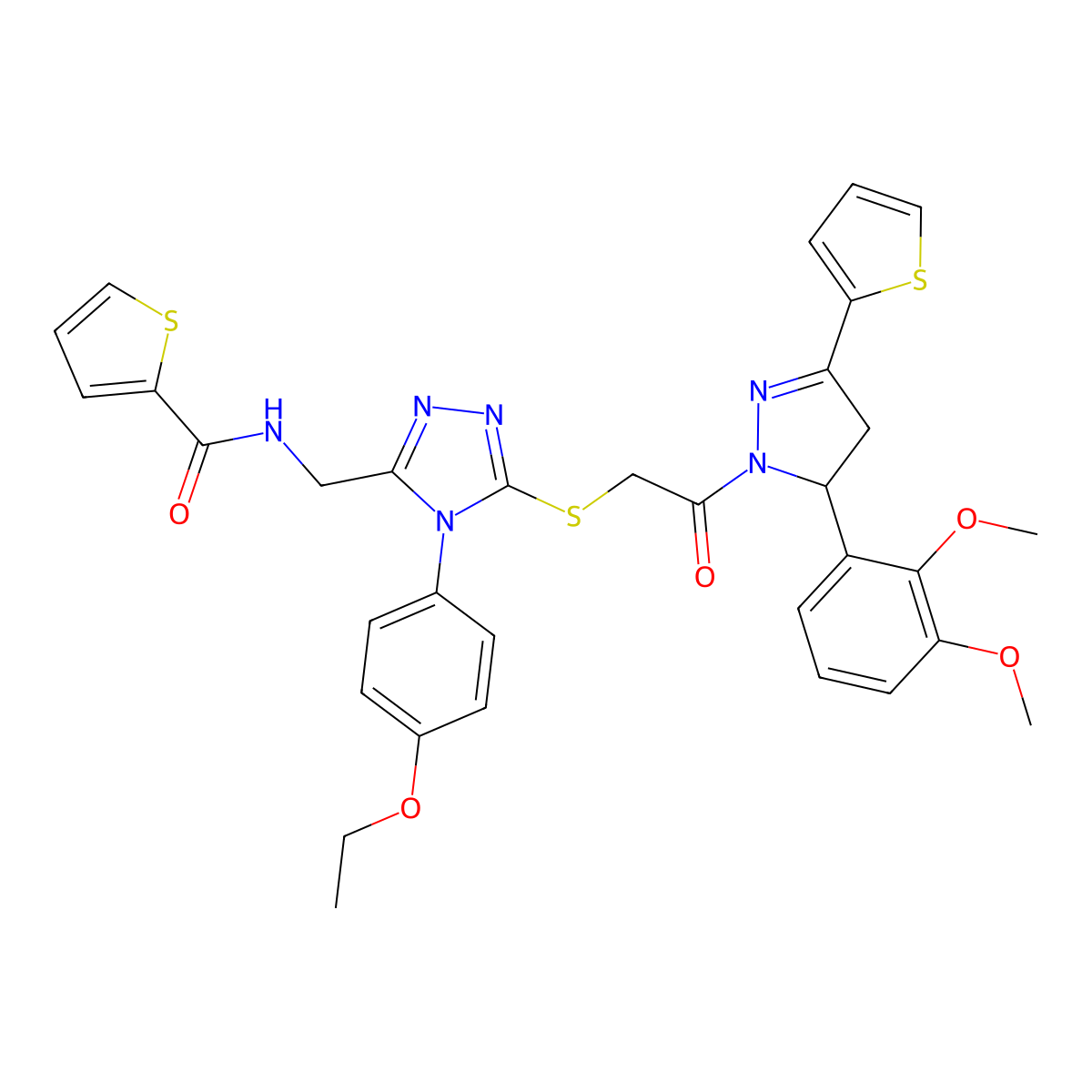N-[[5-[2-[3-(2,3-dimethoxyphenyl)-5-thiophen-2-yl-3,4-dihydropyrazol-2-yl]-2-oxoethyl]sulfanyl-4-(4-ethoxyphenyl)-1,2,4-triazol-3-yl]methyl]thiophene-2-carboxamide molecular structure, CAS 362509-07-7