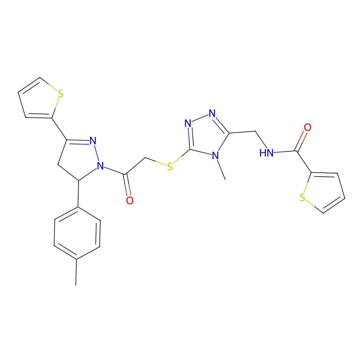 N-[[4-methyl-5-[2-[3-(4-methylphenyl)-5-thiophen-2-yl-3,4-dihydropyrazol-2-yl]-2-oxoethyl]sulfanyl-1,2,4-triazol-3-yl]methyl]thiophene-2-carboxamide molecular structure, CAS 362509-16-8