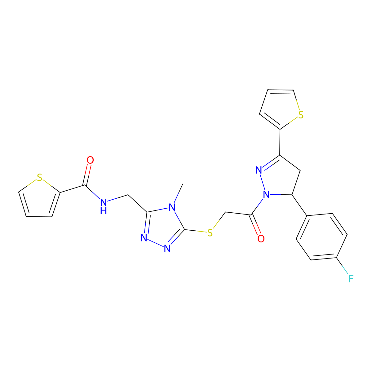N-[[5-[2-[3-(4-fluorophenyl)-5-thiophen-2-yl-3,4-dihydropyrazol-2-yl]-2-oxoethyl]sulfanyl-4-methyl-1,2,4-triazol-3-yl]methyl]thiophene-2-carboxamide molecular structure, CAS 362509-27-1