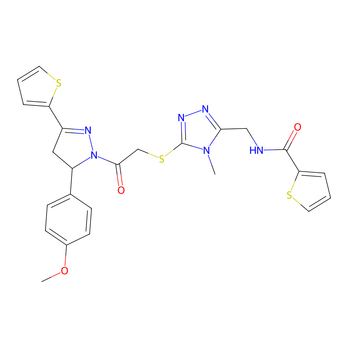 N-((5-((2-(5-(4-methoxyphenyl)-3-(thiophen-2-yl)-4,5-dihydro-1H-pyrazol-1-yl)-2-oxoethyl)thio)-4-methyl-4H-1,2,4-triazol-3-yl)methyl)thiophene-2-carboxamide molecular structure, CAS 362509-30-6
