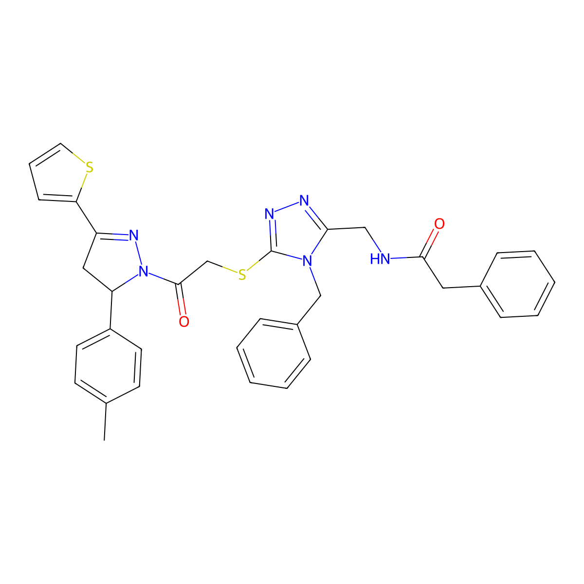 N-[[4-benzyl-5-[2-[3-(4-methylphenyl)-5-thiophen-2-yl-3,4-dihydropyrazol-2-yl]-2-oxoethyl]sulfanyl-1,2,4-triazol-3-yl]methyl]-2-phenylacetamide molecular structure, CAS 362509-70-4