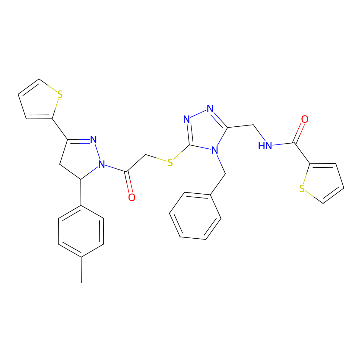 N-[[4-benzyl-5-[2-[3-(4-methylphenyl)-5-thiophen-2-yl-3,4-dihydropyrazol-2-yl]-2-oxoethyl]sulfanyl-1,2,4-triazol-3-yl]methyl]thiophene-2-carboxamide molecular structure, CAS 362509-74-8
