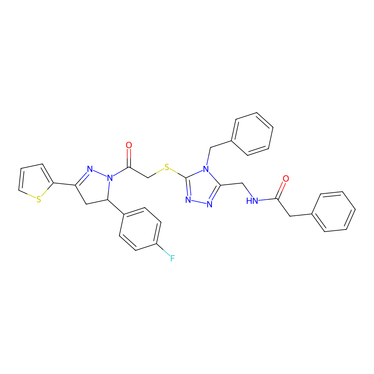 N-[[4-benzyl-5-[2-[3-(4-fluorophenyl)-5-thiophen-2-yl-3,4-dihydropyrazol-2-yl]-2-oxoethyl]sulfanyl-1,2,4-triazol-3-yl]methyl]-2-phenylacetamide molecular structure, CAS 362510-02-9