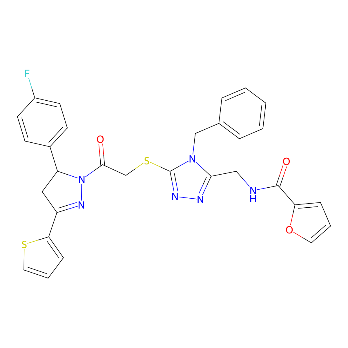 N-[[4-benzyl-5-[2-[3-(4-fluorophenyl)-5-thiophen-2-yl-3,4-dihydropyrazol-2-yl]-2-oxoethyl]sulfanyl-1,2,4-triazol-3-yl]methyl]furan-2-carboxamide molecular structure, CAS 362510-05-2