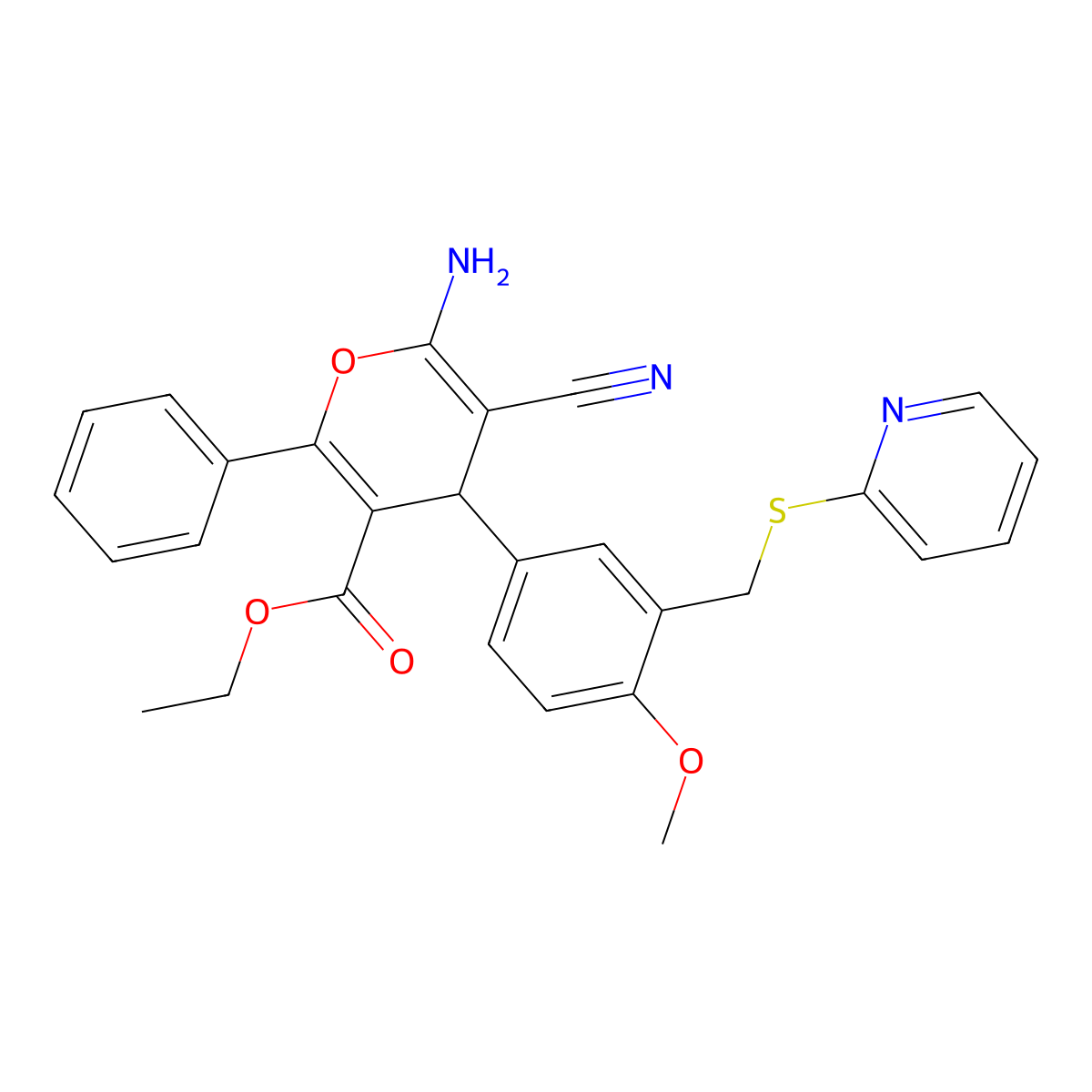 ethyl 6-amino-5-cyano-4-{4-methoxy-3-[(2-pyridinylsulfanyl)methyl]phenyl}-2-phenyl-4H-pyran-3-carboxylate molecular structure, CAS 362589-33-1