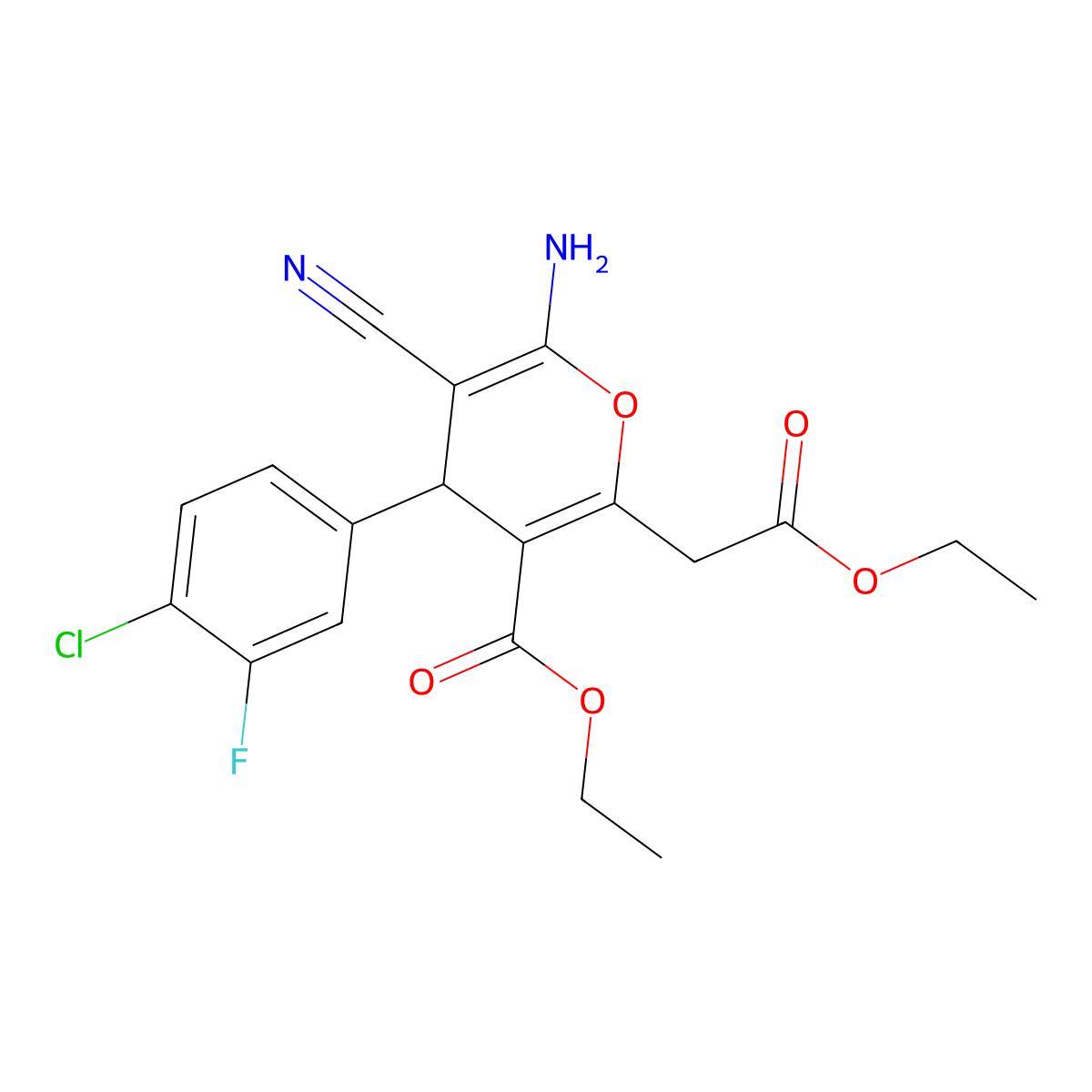 ethyl 6-amino-4-(4-chloro-3-fluorophenyl)-5-cyano-2-(2-ethoxy-2-oxoethyl)-4H-pyran-3-carboxylate molecular structure, CAS 362589-43-3