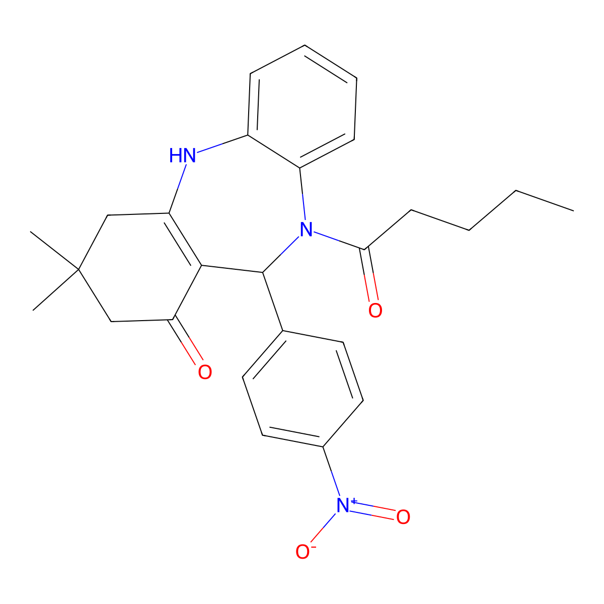 9,9-Dimethyl-6-(4-nitrophenyl)-5-pentanoyl-6,8,10,11-tetrahydrobenzo[b][1,4]benzodiazepin-7-one molecular structure, CAS 362589-47-7