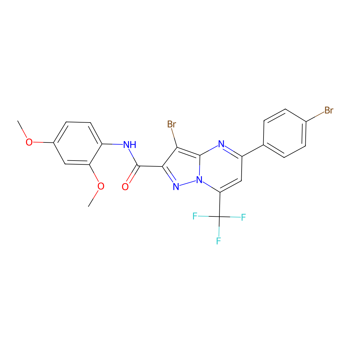 3-bromo-5-(4-bromophenyl)-N-(2,4-dimethoxyphenyl)-7-(trifluoromethyl)pyrazolo[1,5-a]pyrimidine-2-carboxamide molecular structure, CAS 362589-62-6