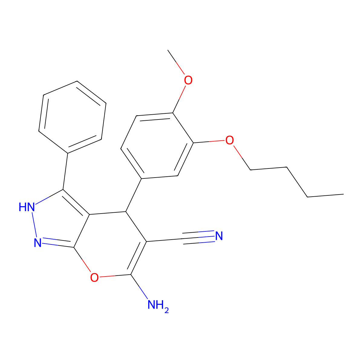 6-Amino-4-(3-butoxy-4-methoxyphenyl)-3-phenyl-2,4-dihydropyrano[2,3-c]pyrazole-5-carbonitrile molecular structure, CAS 362590-44-1
