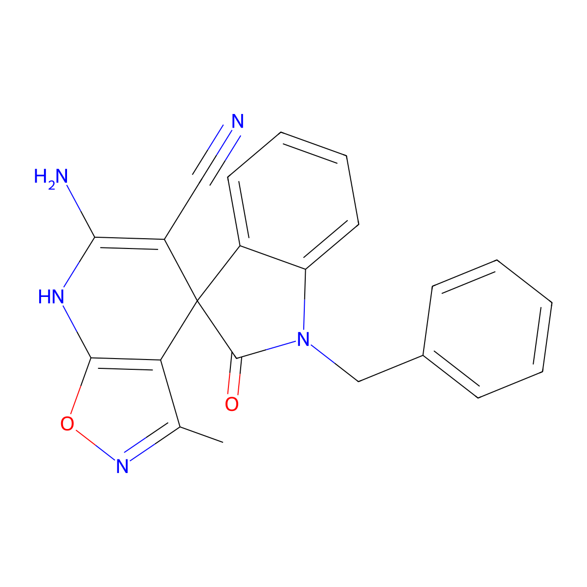 6'-amino-1-benzyl-3'-methyl-2-oxo-7'H-spiro[indoline-3,4'-isoxazolo[5,4-b]pyridine]-5'-carbonitrile molecular structure, CAS 362590-56-5