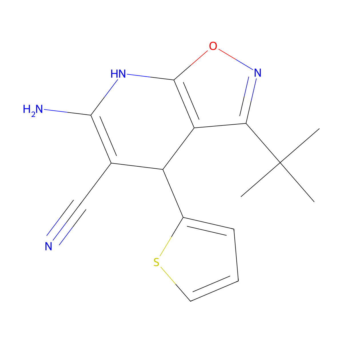 6-Amino-3-tert-butyl-4-thiophen-2-yl-2,4-dihydroisoxazolo[5,4-b]pyridine-5-carbonitrile molecular structure, CAS 362590-65-6