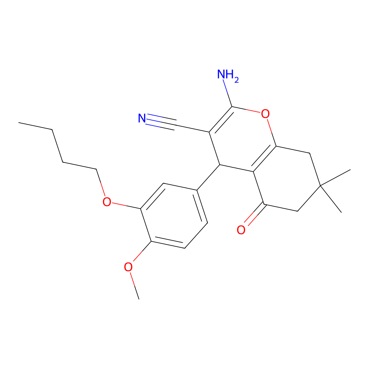 2-amino-4-(3-butoxy-4-methoxyphenyl)-7,7-dimethyl-5-oxo-6,8-dihydro-4H-chromene-3-carbonitrile molecular structure, CAS 362590-69-0