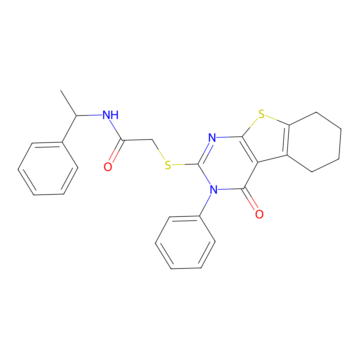 2-[(4-oxo-3-phenyl-5,6,7,8-tetrahydro-[1]benzothiolo[2,3-d]pyrimidin-2-yl)sulfanyl]-N-(1-phenylethyl)acetamide molecular structure, CAS 362593-76-8