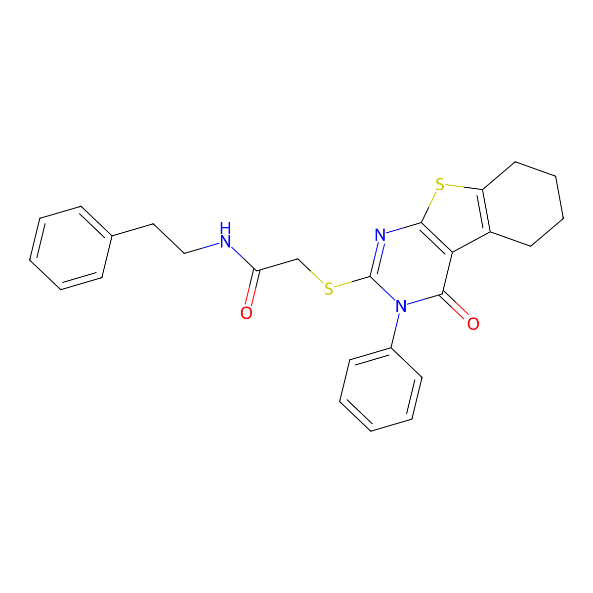 2-[(4-oxo-3-phenyl-3,4,5,6,7,8-hexahydro[1]benzothieno[2,3-d]pyrimidin-2-yl)sulfanyl]-N-(2-phenylethyl)acetamide molecular structure, CAS 362593-83-7