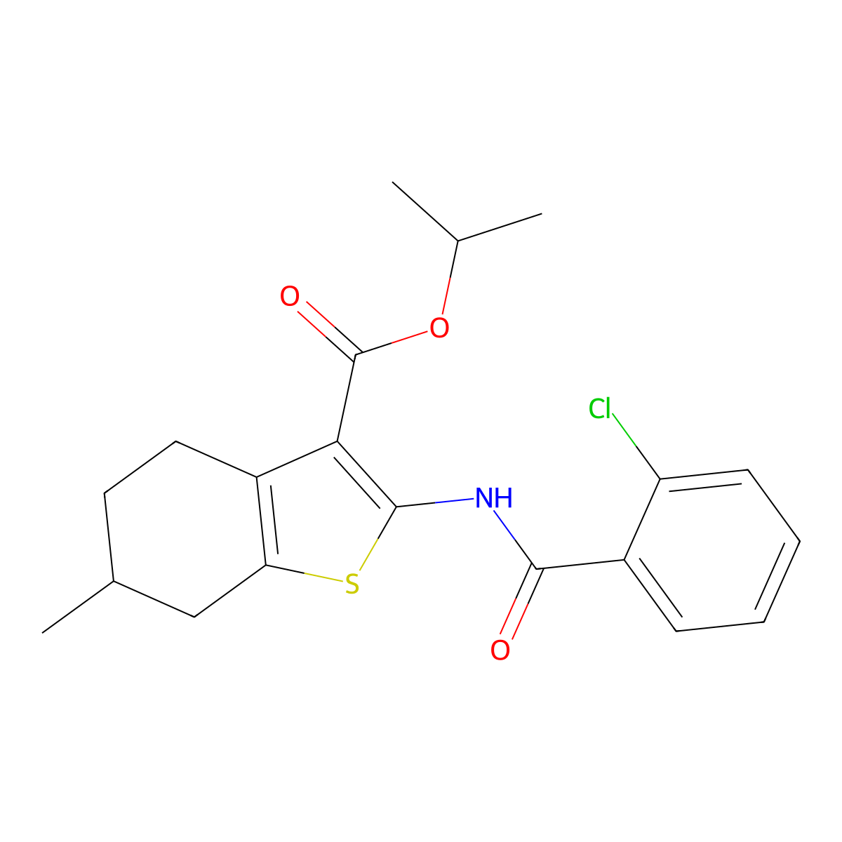 Isopropyl 2-[(2-chlorobenzoyl)amino]-6-methyl-4,5,6,7-tetrahydro-1-benzothiophene-3-carboxylate molecular structure, CAS 362602-61-7