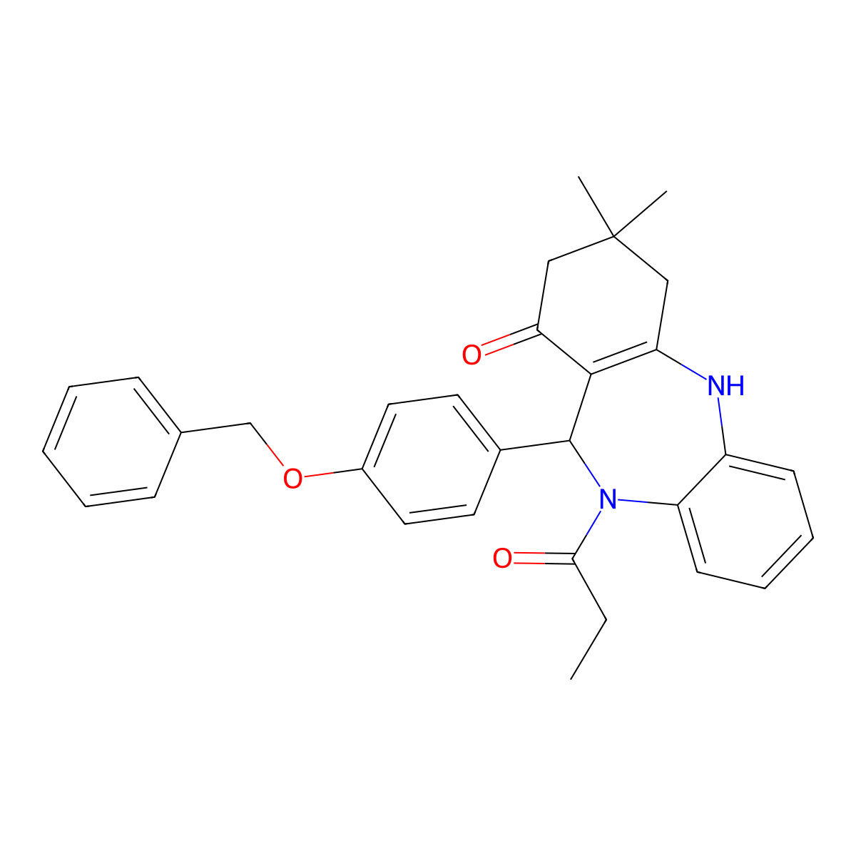 9,9-Dimethyl-6-(4-phenylmethoxyphenyl)-5-propanoyl-6,8,10,11-tetrahydrobenzo[b][1,4]benzodiazepin-7-one molecular structure, CAS 362620-13-1