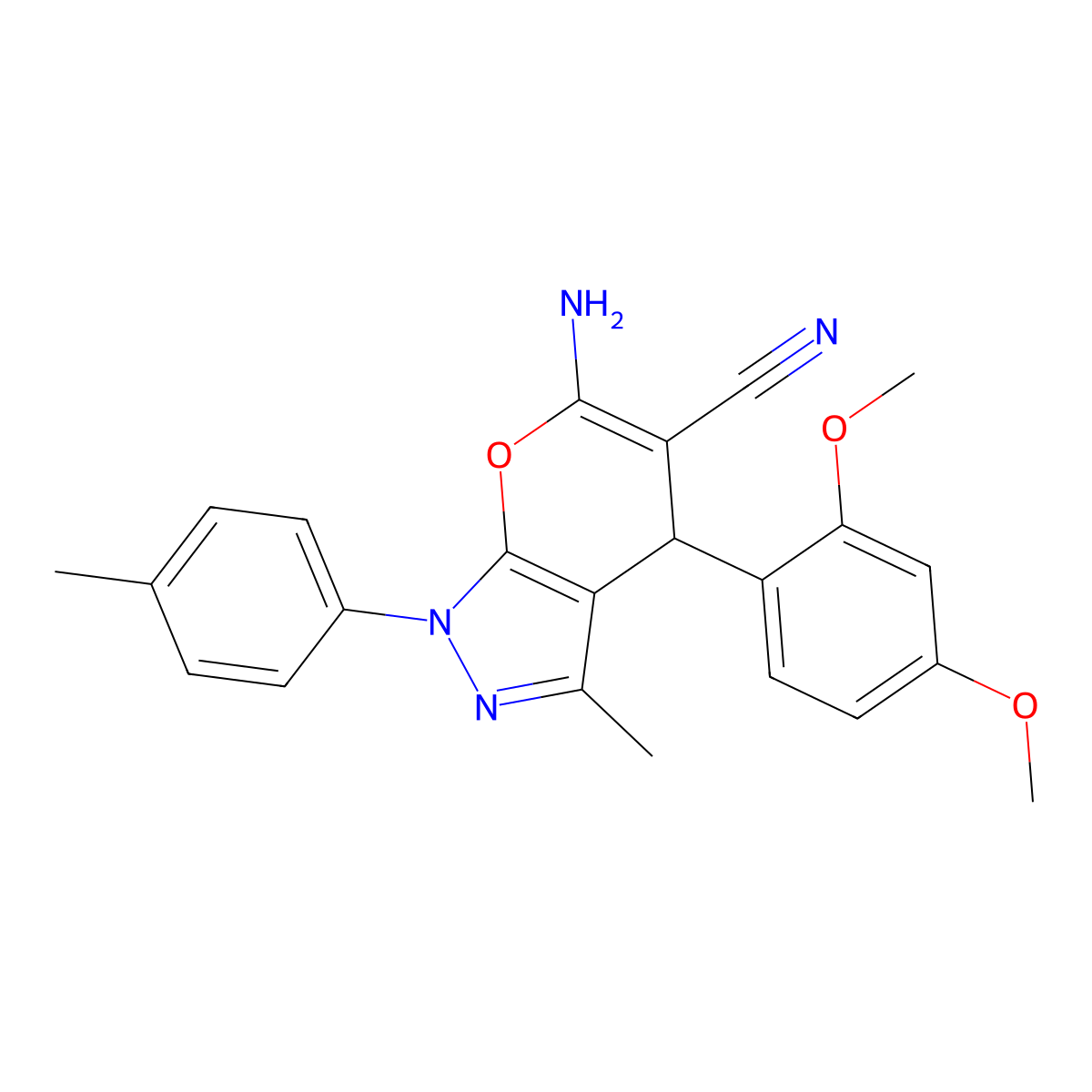 6-amino-4-(2,4-dimethoxyphenyl)-3-methyl-1-(4-methylphenyl)-4H-pyrano[2,3-c]pyrazole-5-carbonitrile molecular structure, CAS 362620-16-4
