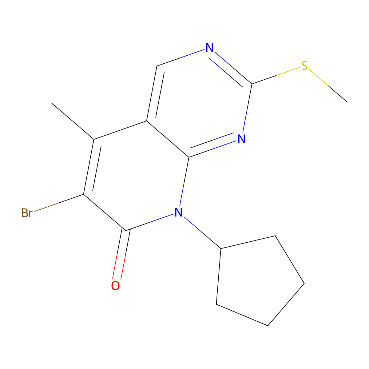 6-bromo-8-cyclopentyl-5-methyl-2-methylsulfanyl-8H-pyrido[2,3-d]pyrimidin-7-one molecular structure, CAS 362656-25-5