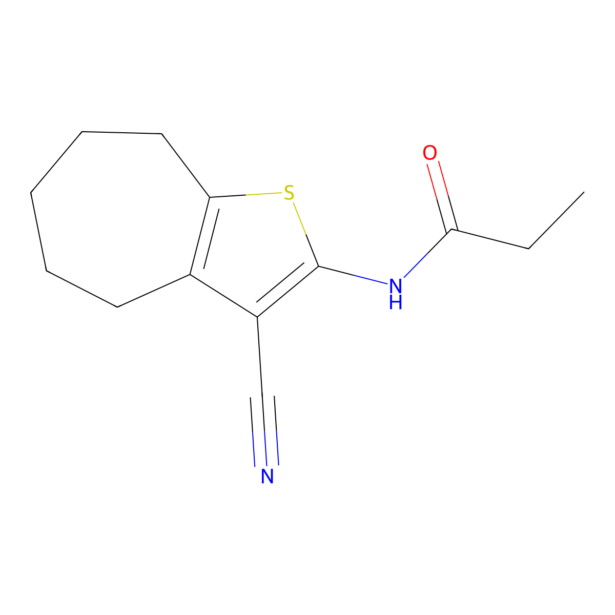 N-(3-cyano-5,6,7,8-tetrahydro-4H-cyclohepta[b]thiophen-2-yl)propanamide molecular structure, CAS 362681-00-3