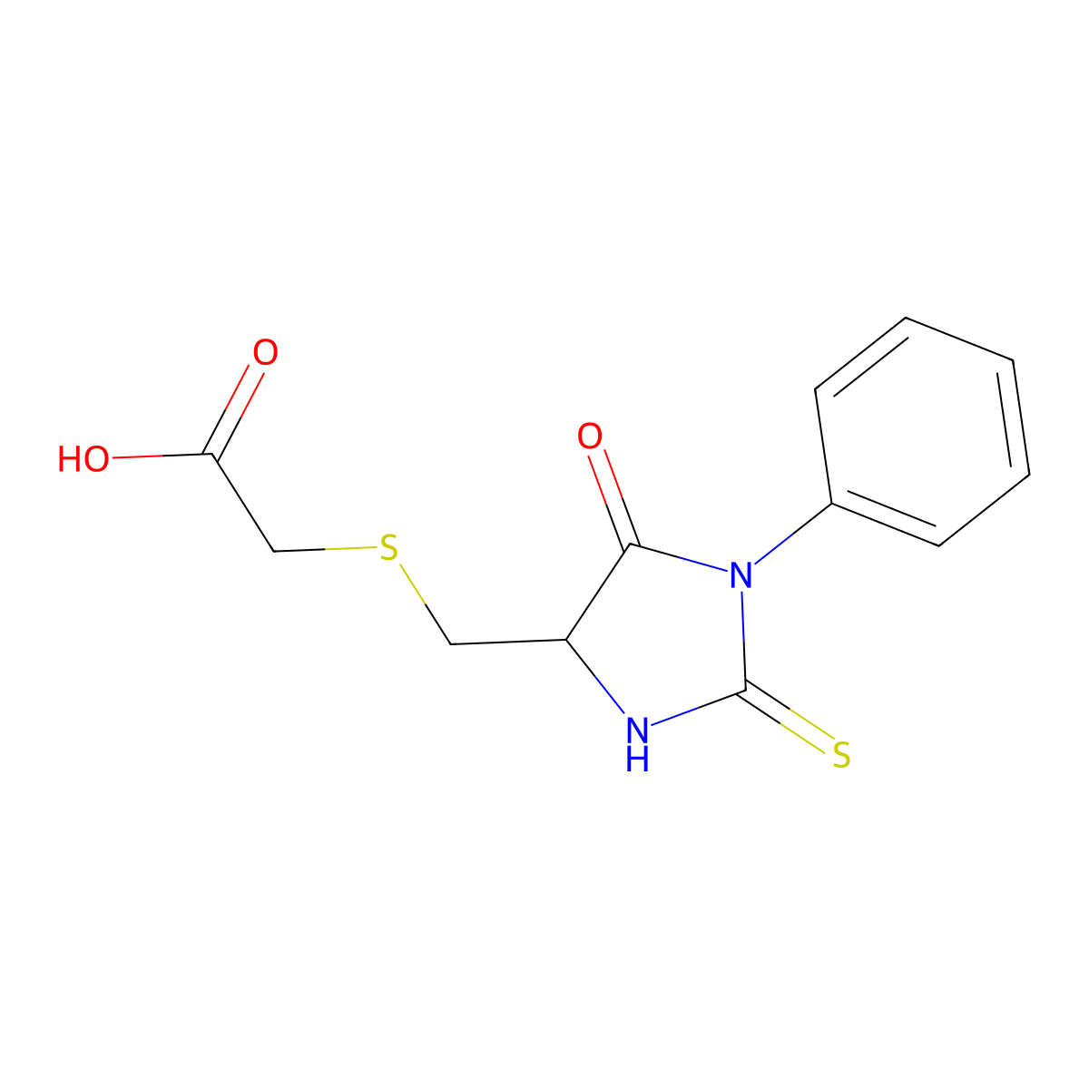 Acetic acid, [[(5-oxo-1-phenyl-2-thioxo-4-imidazolidinyl)methyl]thio]- molecular structure, CAS 36301-90-3